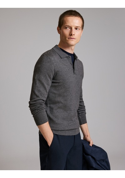 Pierre Cardin Antrasit Melanj Slim Fit Düğmeli Polo Yaka Basic Triko Kazak 50333894-vr081