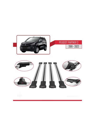 Peugeot Partner 2019-2022 Arası İle Uyumlu Fly Model Ara Atkı Tavan Barı Gri 4 Adet Bar