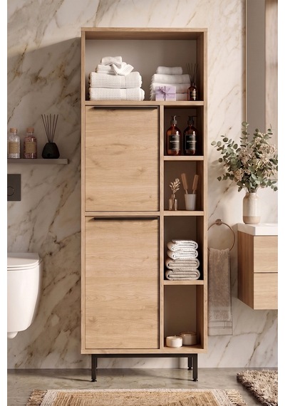 Yurudesign Ocean Banyo Dolabı Çok Amaçlı Dolap 2 Kapaklı Metal Ayaklı Sepet On10C-S Kahverengi