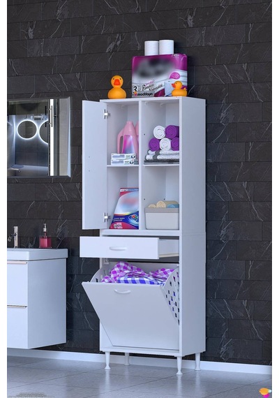 Afra 60 Cm 1 Gözlü Kirli Çamaşır Sepet, 1 Kapak Ve Çekmeceli 4 Raflı Çok Amaçlı Banyo Dolabı Beyaz Afra 60 Cm 1 Gözlü Kirli Çamaşır Sepet, 1 Kapak Ve Çekmeceli 4 Raflı Çok Amaçlı Banyo Dolabı Beyaz