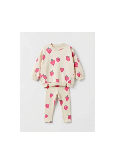 Fleurs Chic Pembe Çilek Desen Sweatshirt Tayt Takım Krem