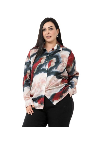 Disentis Büyük Beden Batik Desenli Saten Bordo Gömlek-bordo Bordo
