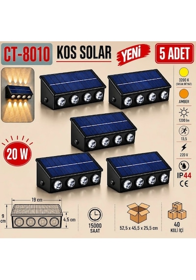 Ct-8010 Kos Solar 20w Led Aplik Dış Mekan Ct-8010 G 5 Adet Yukarı Aşağı Işık Yönü Dahili Led 5 Adet Siyah