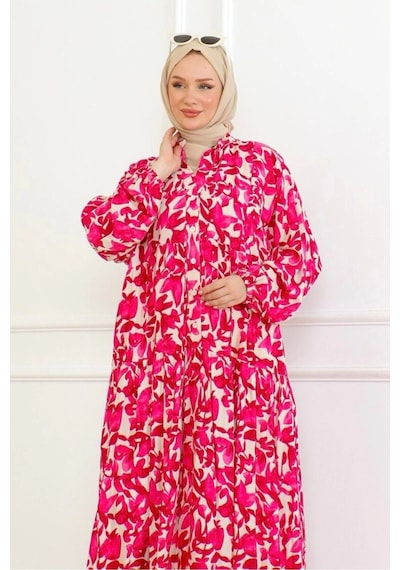 Düğmeli Yaka Viskon Elbise - Pembe Pembe