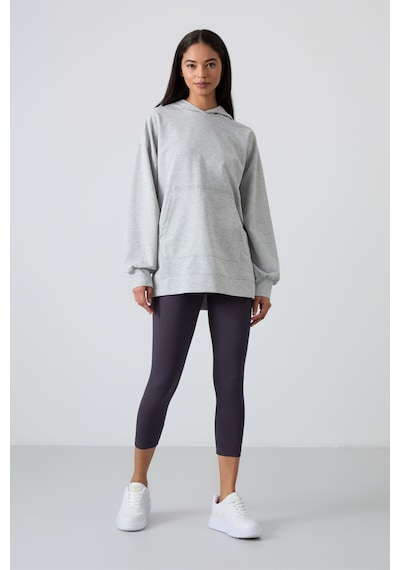 Tommy Life Gri Melanj Balon Kol Yazı Nakışlı Kadın Oversize Tunik Sweatshirt - 97163 Gri Melanj