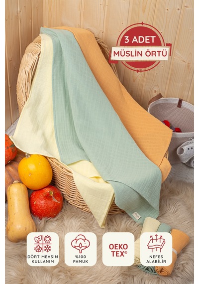 3'lü Çok Amaçlı Müslin Bez, Örtü, Battaniye Seti Unisex Renkli %100 Pamuk - 75x75 Cm
