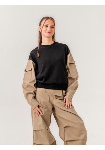 Kız Çocuk Gabardin Kol 2 İplik Sweatshirt-15170 Siyah