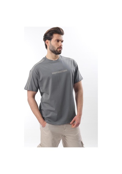 Madmext Füme Bisiklet Yaka Baskılı Erkek T-shirt E7110 Füme