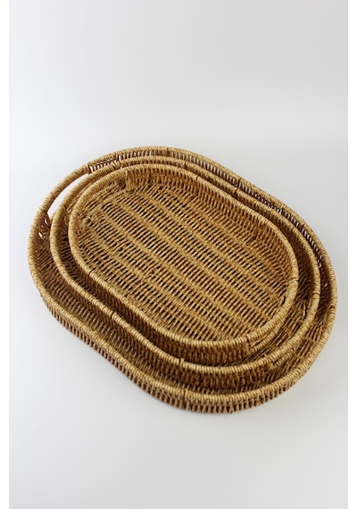 3 Lü Rattan Tepsi Dekoratif Tepsi Hasır Örme Tepsi Oval Krem