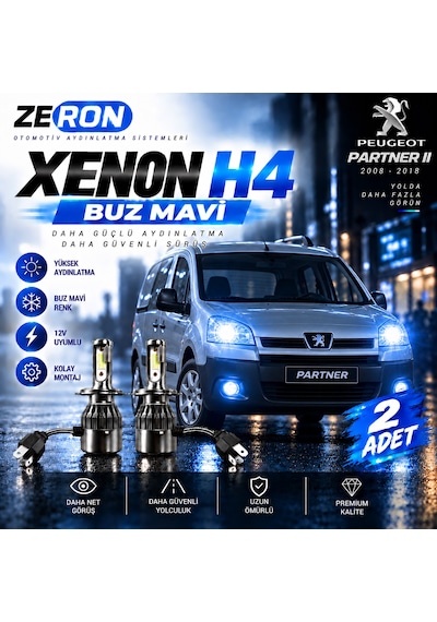 Peugeot Partner Xenon H4 Buz Mavi Led Far Ampulü 12v - 2 Adet Yüksek Aydınlatma Kolay Montaj