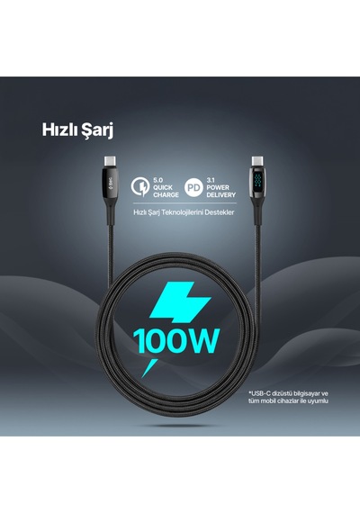 Ttec 2DK57S Alumicable Lcd USB-C – USB-C 100W PD/Qc 150 CM Hızlı Şarj/Data Kablosu Siyah
