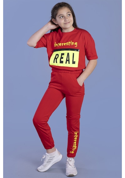 Toontoy Kız Çocuk Crop Model Cep Detaylı Baskılı Eşofman Takımı Kırmızı