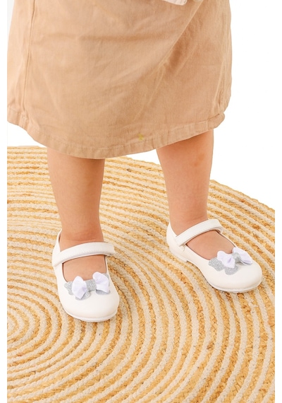 Kiko Kids Taşlı Cırtlı Kız Çocuk Fiyonklu Babet Ayakkabı Ege 204 Cilt Beyaz