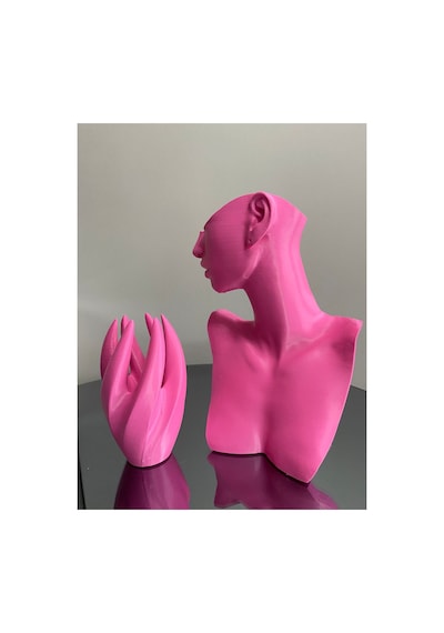 Pembe Renk Dekoratif Takı Mankeni Ve El 2'li Set Takı Teşhir Standı 21 Cm Takı Organizeri Küpe Kolye