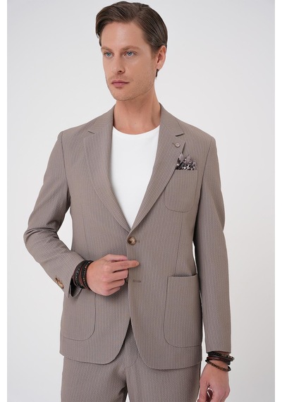 Efor Comfort Fit Mono Yaka Çift Yırtmaç Torba Cep Gofre Kumaş Casual Vizon Ceket C 703 Vizon