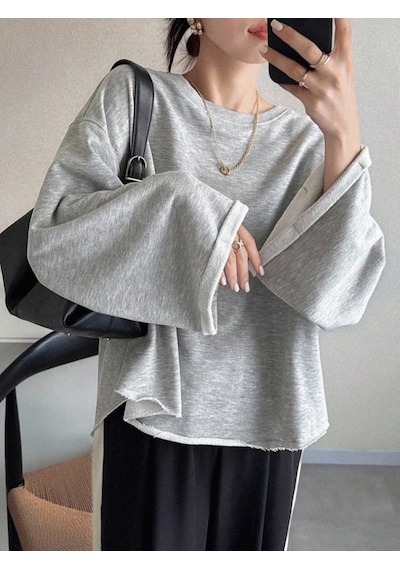 Oversize Kesim Bisiklet Yaka Uzun Kollu Sweatshirt Gri