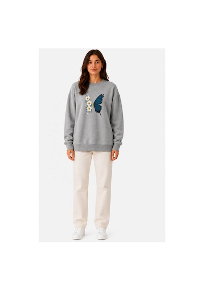 Herkesemoda Kelebekbaskı Detaylı Şardonlu 2 İplik Bisiklet Yaka Sweatshirt Gri