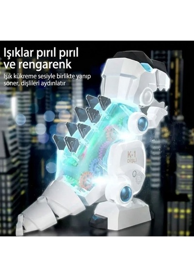 Vardem Oyuncak K-1 Gear Şeffaf Gövdeli Işıklı Sesli Yürüyen T-rex Robot Dinozor Beyaz Çok Renkli