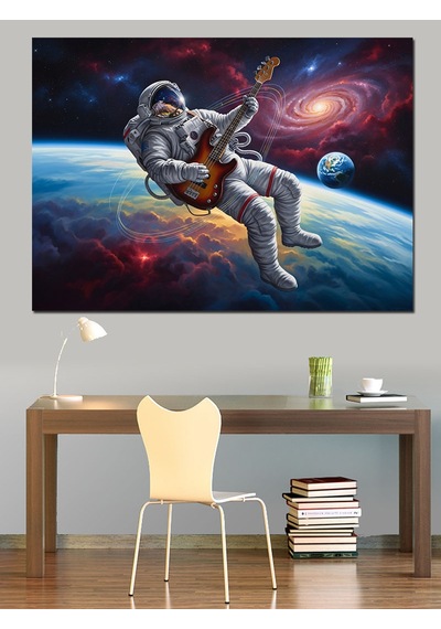 Uzayda Gitar Çalan Astronot Tablo Dekoratif Kanvas - Mdf Ahşap Tablo