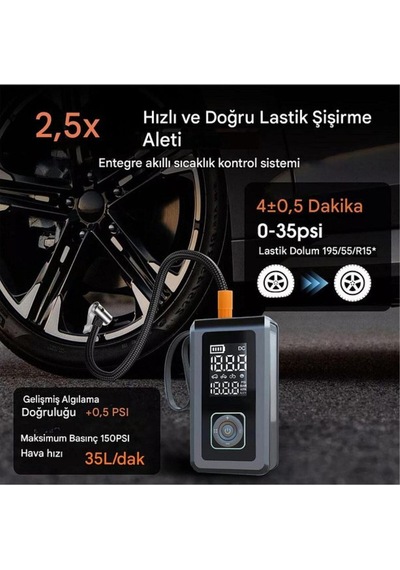 Akü Takviyeli 8000mah Şarjlı Lastik Şişirme Pompası Hava Kompresörü Çantalı