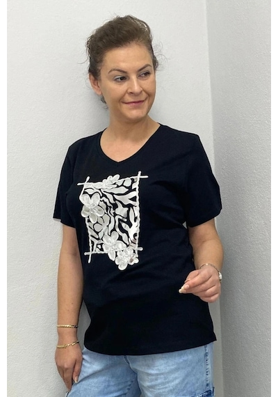 Kadın Siyah Gümüş Baskılı Tshirt Siyah