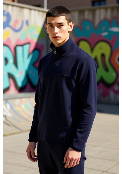 Benerly Erkek Dik Yaka Fermuarlı Standart Kol Polar Sweatshirt Fonksiyone Lacivert