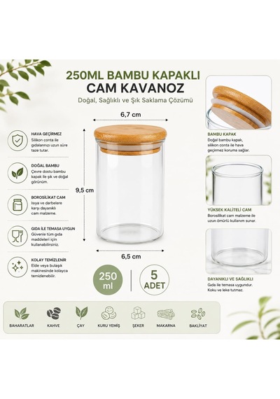 5'li 250 Ml Bambu Kapaklı Cam Kavanoz Seti, Silikon Contalı Şeffaf Baharatlık Ve Saklama Kabı, Çay Kahve Şeker Baharat Kuruyemiş Kavanozu Çok Renkli