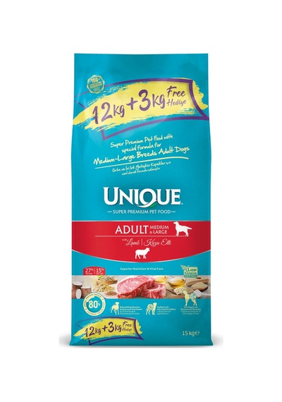 Unique Orta Ve İri Irk Yetişkin Köpek Maması Kuzu Etli 15 Kg 12+3 Kg