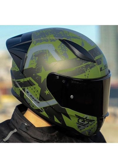 Siyah Vizörlü + Yarış Spoiler + Ls2 Rapid 2 Thunder Birs Race Kapalı Motosiklet Kaskı Mat Yeşil - Siyah