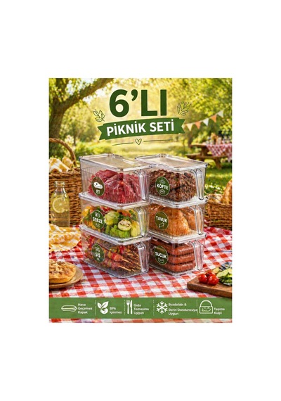 6 Lı Piknik Saklama Seti Kapaklı Şeffaf Gıda Kabı Et Sebze Köfte Uyumlu Gri