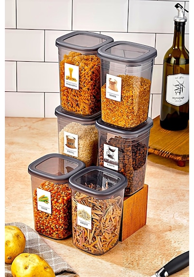 6 Adet Etiketli Square Kare Erzak Saklama Kabı Seti 1200 Ml - Sert Kapak 1.2 Litre Çok Renkli