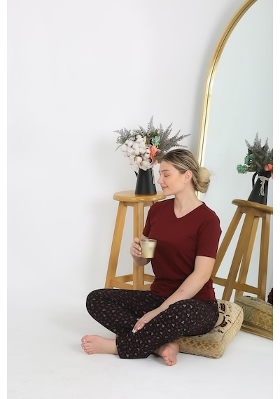 Akbeniz Kadın Kısa Kol Pamuk Penye Pijama Takım Bordo 4214-bordo Bordo