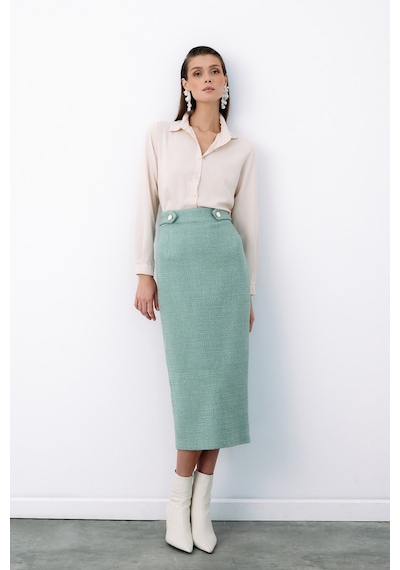 Sateen Süs Düğmeli Tüvit Kalem Etek - Mint-135079 Mint