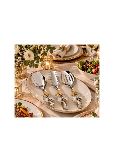 Premium 3 Lü Servis Maşa Seti, Gold Gümüş Detaylı Makarna Salata Pasta Kek Sunum Maşa Seti