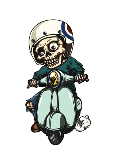 Scooter Kullanan Sevimli Iskelet Sticker Motor, Kask, Laptop, Araba Sticker 17x9cm