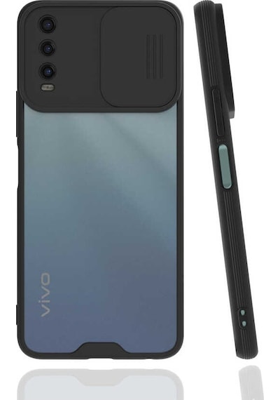 Noktaks - Vivo Uyumlu Vivo Y11s - Kılıf Slayt Sürgülü Arkası Buzlu Lensi Kapak - Siyah