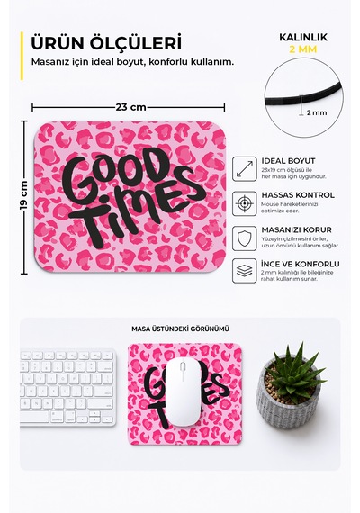 Leopar Desenli Good Times Ergonomik Mouse Pad Kaymaz Tabanlı, Renkli Ve Konforlu Tasarım Pembe