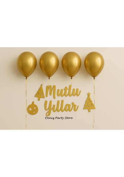 4 Adet Metalik Gold Balon Yılbaşı Mutlu Yıllar Kaligrafi Yazı Set