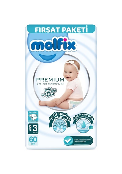 Premium Bebek Bezi Beden:3 4-9kg Midi 60 Adet Fırsat Pk 3 Numara