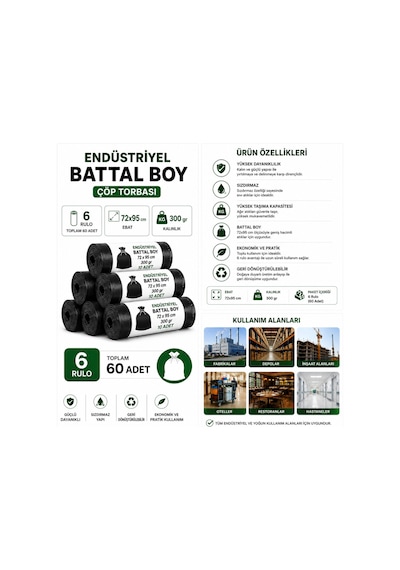 Battal Boy Sızdırmaz Endüstriyel Çöp Poşeti 72 x 95 CM 6 Rulo 60 Adet 300 G Ekstra Dayanıklı