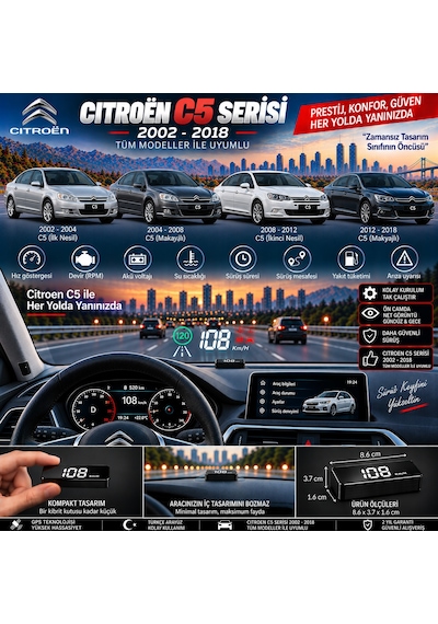 Citroën C5 2002-2015 Modeller İçin Head Up Display Hayalet Gösterge Ekranı Ön Cam Hız Göstergesi