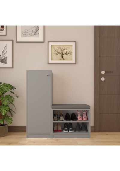 Asra Trend Puflu Ayakkabılık A-13 %100 MDF Minderli Portmanto Seti Kül Gri