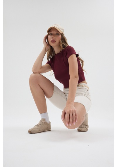 Urbantrendstore Kadın Bisiklet Yaka Likralı Kısa Kol Body Crop Bluz Günlük Şık Sade Yazlık Casual Crop Kadın Crop Bordo