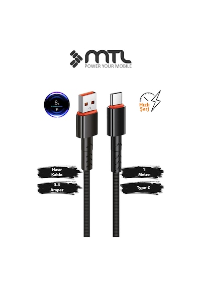 3.4a Usb To Type-c Hızlı Şarj Ve Data Kablosu Hasır 1 Metre Siyah Mt2015