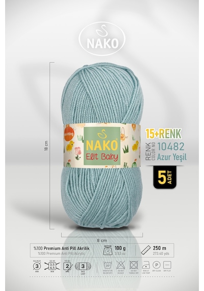 Elit Baby - 10482 Azur Yeşil - 5'li Paket - 100gr/250m - Bebek İpi - Anti Pilling Tüylenmez İp