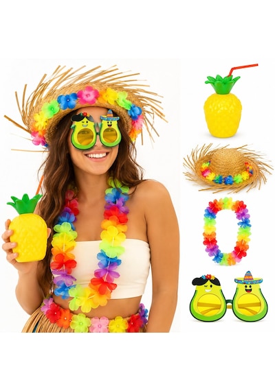 Go İthalat 4 Parça Hawaii Parti Seti Ananas Bardak Hasır Şapka Avokado Gözlük Çiçek Kolye 0 - 99