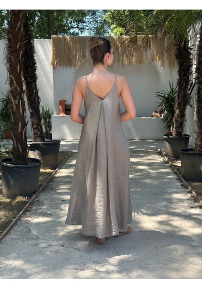 Yazlık Keten Askılı Oversize Elbise Camel
