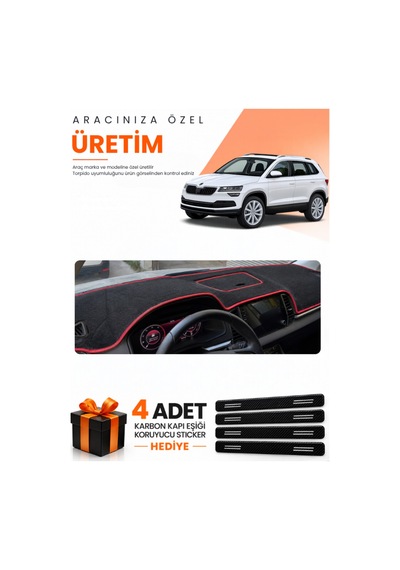 Skoda Karoq 2017-2024 Uyumlu Torpido Koruma Örtüsü Oto Kılıfı - Siyah Kırmızı