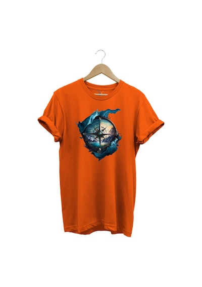 Renkli Manzara Ve Pusula Baskılı %100 Pamuk Regular Fit Turuncu T-shirt Turuncu