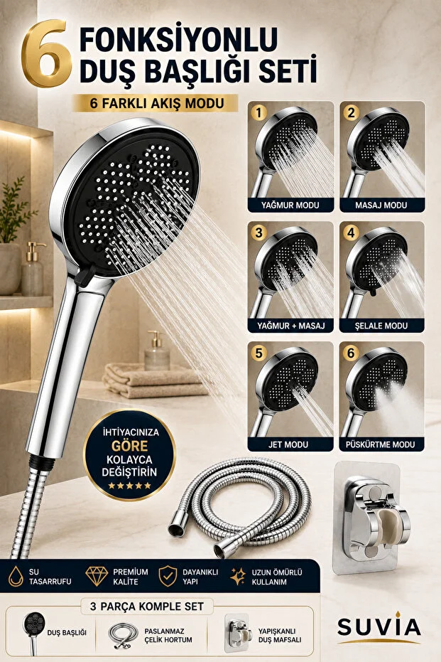 Duş Başlığı 6 Fonksiyonlu Çelik Hortum Yapışkanlı Mafsal Seti Krom